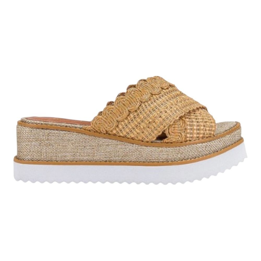 RAYE Woven‎ Raffia Platform Slides Womens 9 Tan Scalloped Wedge Boho Sandals